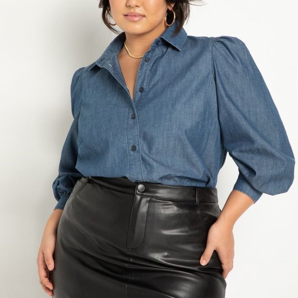 ✨ NEW Eloquii Puff Sleeve Chambray Button Down Blouse Shirt 24